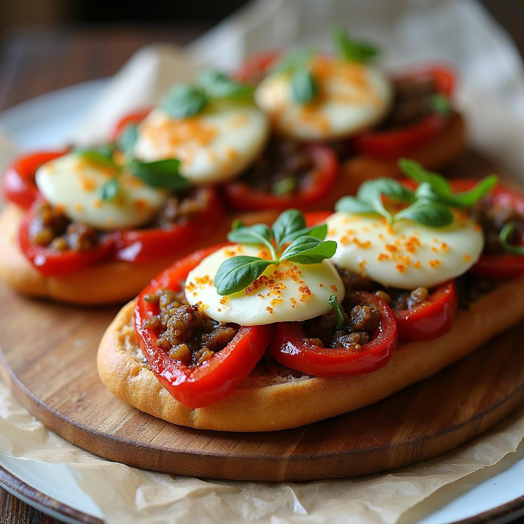 Toasted bread with sliced tomatoes, melted cheese, ground meat, and fresh basil leaves on top.