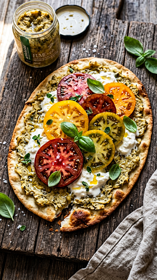 Smoked Artichoke Tapenade Flatbread with Burrata, Heirloom Tomatoes & Lemon Oil