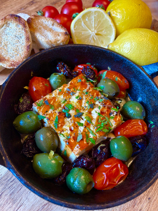 Baked Feta with Smoked Olives, Lemon and Hot Honey