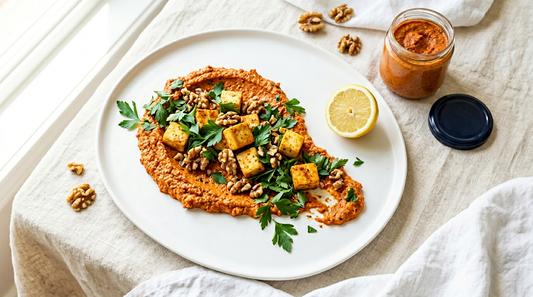 Crispy Tofu with Smoked Muhammara, Walnuts & Parsley