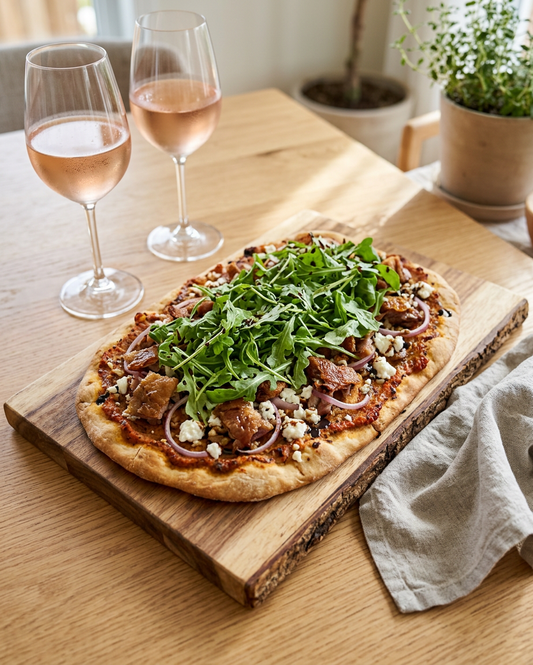 Flatbread on a wooden board with two glasses of rose wine, bright dinning setting