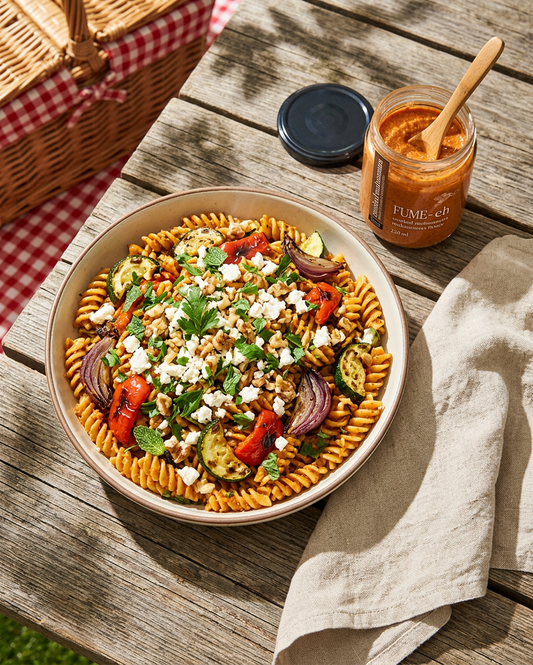 Grilled Veg Pasta Salad with Smoked Muhammara Dressing