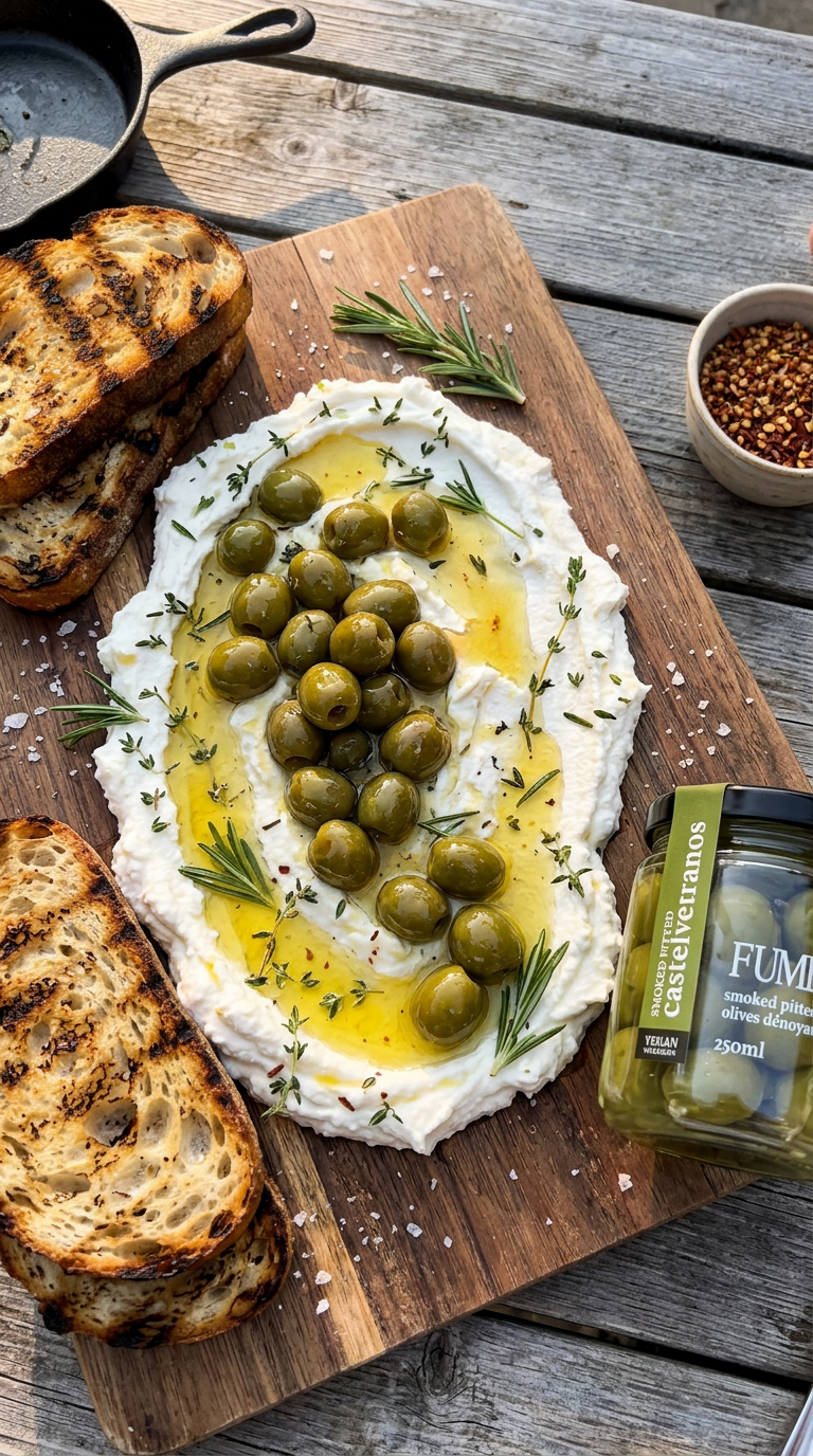 Smoked Castelvetrano  Board with Whipped Goat Cheese and Grilled Bread