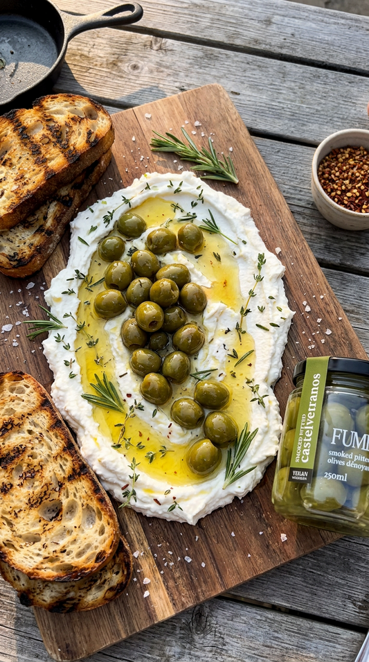 Smoked Castelvetrano  Board with Whipped Goat Cheese and Grilled Bread