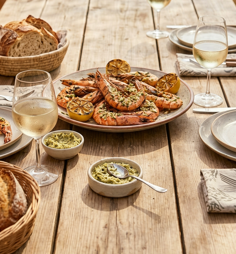 Grilled Prawns with Smoked Artichoke Tapenade Butter and Charred Lemon