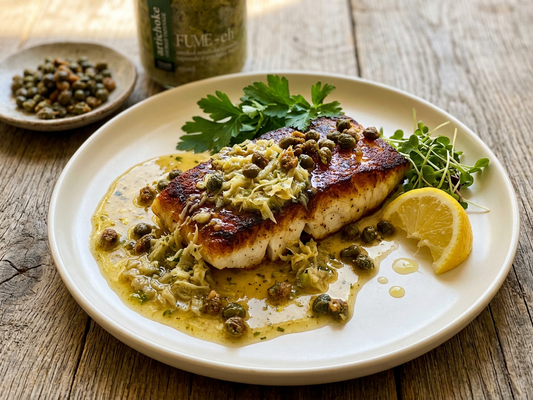Pan-Seared Halibut with Smoked Artichoke Tapenade, Brown Butter & Crispy Capers