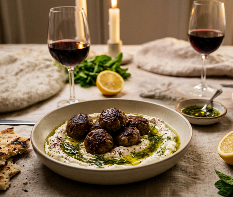 Smoked Kalamata Olive & Lamb Meatballs with Whipped Feta and Herb Oil