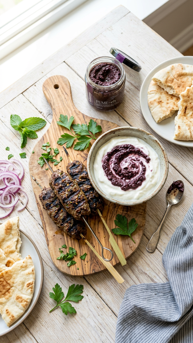 Grilled Lamb Kofta Skewers with Smoked Kalamata Tapenade Yogurt