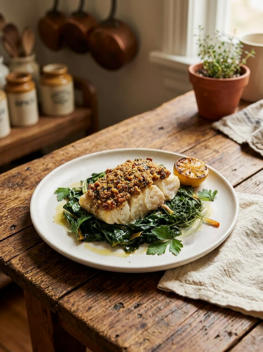 Smoked Muhammara Baked Cod with a walnut crust, wilted greens, and lemon