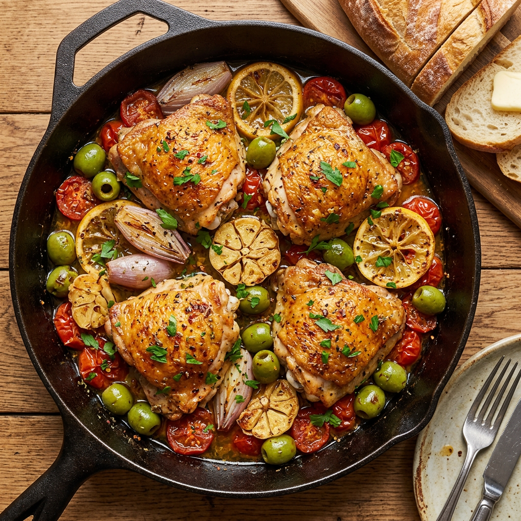 One-Pan Lemon Herb Chicken with Smoked Pitted Castelvetranos: A Weeknight Mediterranean Escape