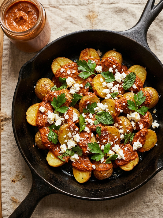 Smoked Muhammara Roasted Baby Potatoes with crumbled feta, fresh herbs, and a drizzle of honey