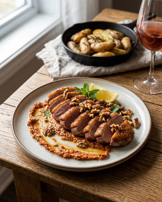 Sliced duck breast on top of muhammara sauce with potatoes and wine on the side. 