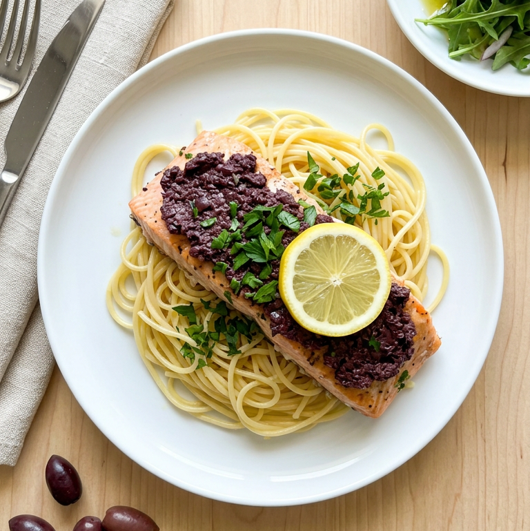 Baked Salmon with Smoked Kalamata Olive Tapenade