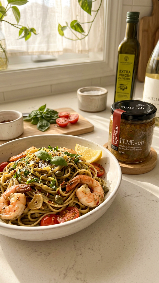 Smoked Olive Tapenade Pasta With Sautéed Shrimp, Cherry Tomatoes & Capers