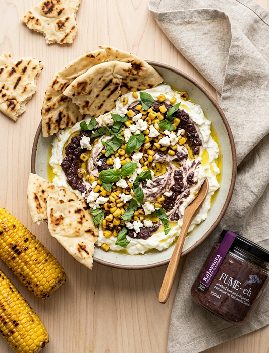 Charred Corn and Smoked Kalamata Tapenade with Flatbreads