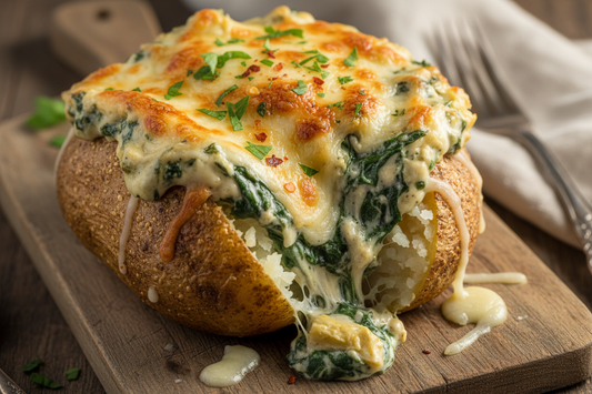 Stuffed baked potato with artichoke and spinach dip covered in melty cheese.