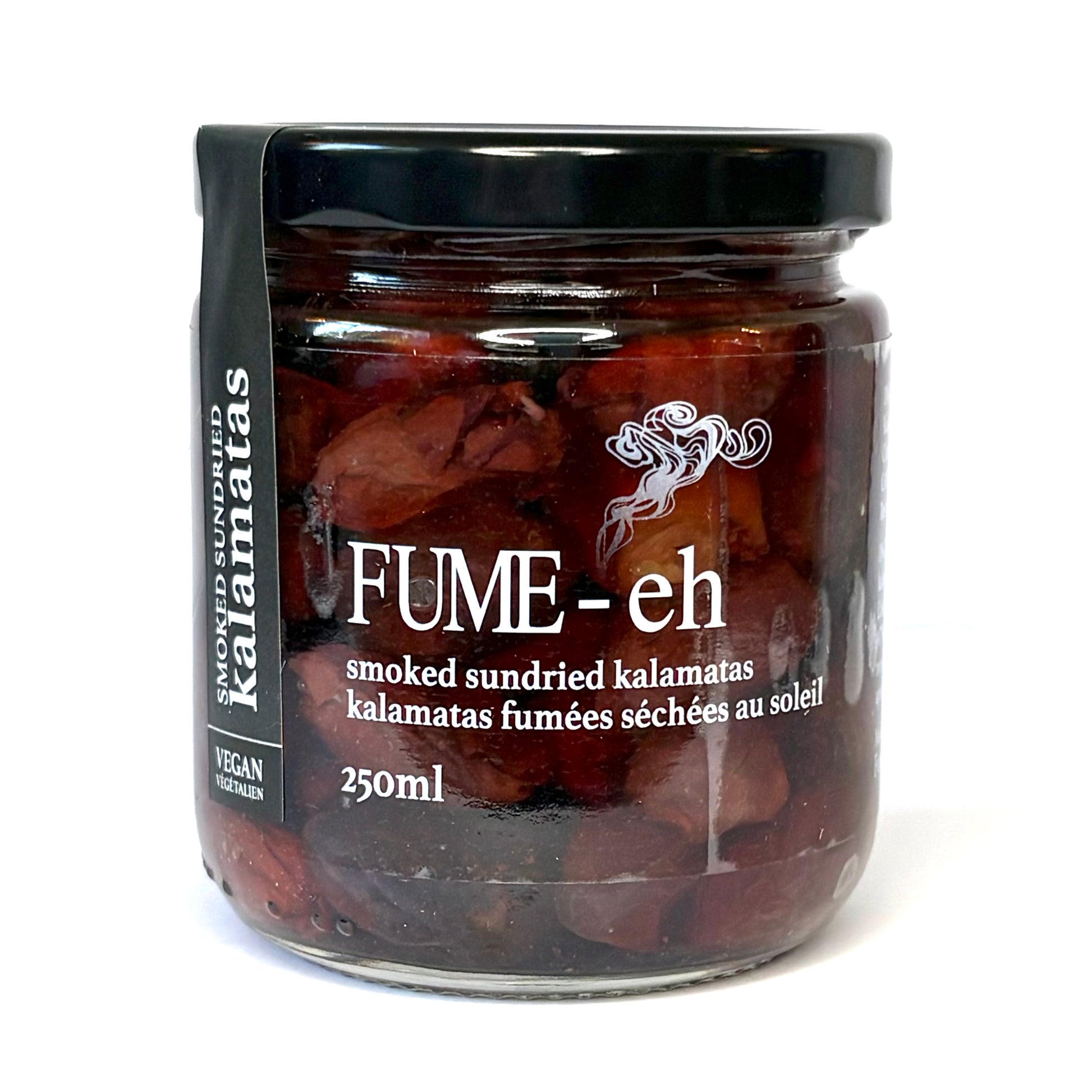 Jar of smoked sundried kalamata olives with black lid, labeled "FUME-eh," 250ml.
