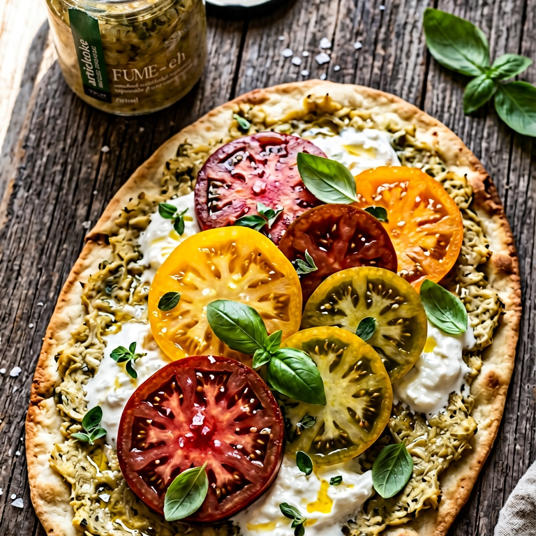 Pizza with colorful tomatoes and artichoke tapenade on a wooden surface with a jar of tapenade in the background.