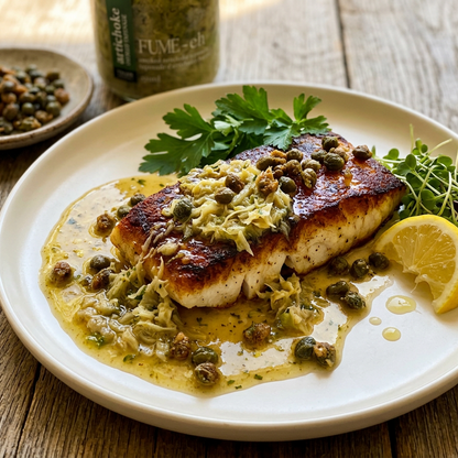 Plated dish of seared fish with caper and smoked artichoke tapenade sauce on a wooden table