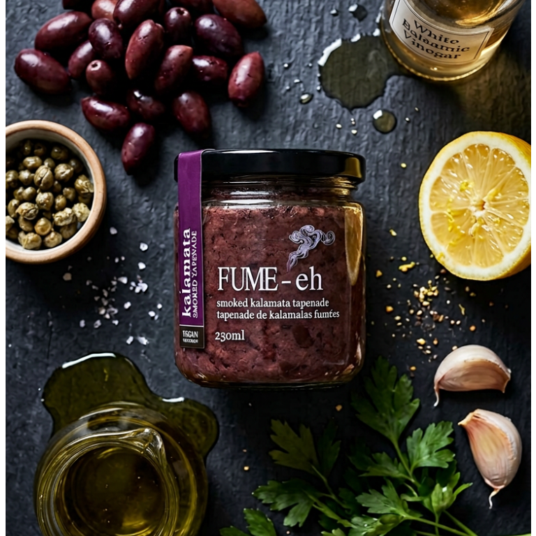 jar of smoked kalamata tapenade with its ingredients placed around it.