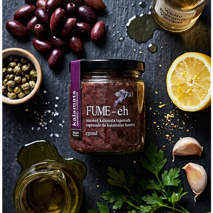 jar of smoked kalamata tapenade with its ingredients placed around it.