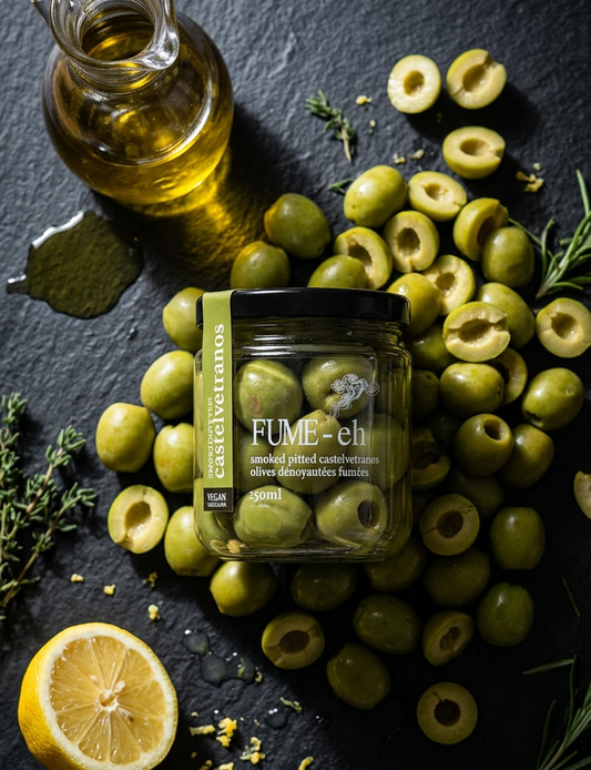 Jar of olives with a bottle of olive oil and lemon on a dark surface