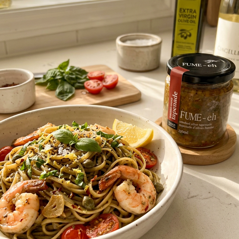 Pasta dish with shrimp, smoked olive tapenade and vegetables on a kitchen counter with olive oil and other ingredients.
