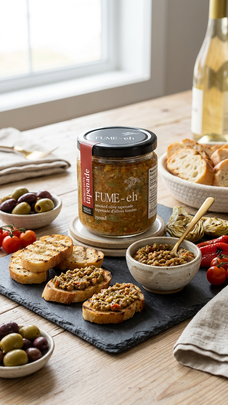 Jar of Fume olive tapenade on a table with bread and olives