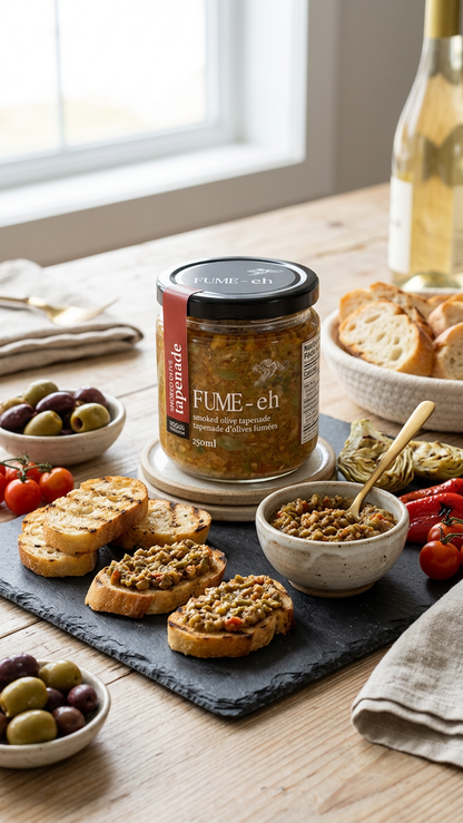 Jar of Fume olive tapenade on a table with bread and olives